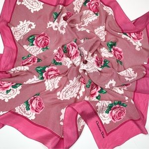 SOLD Vintage Christian Dior 100% Silk Floral Print Pink Scarf//Flawed